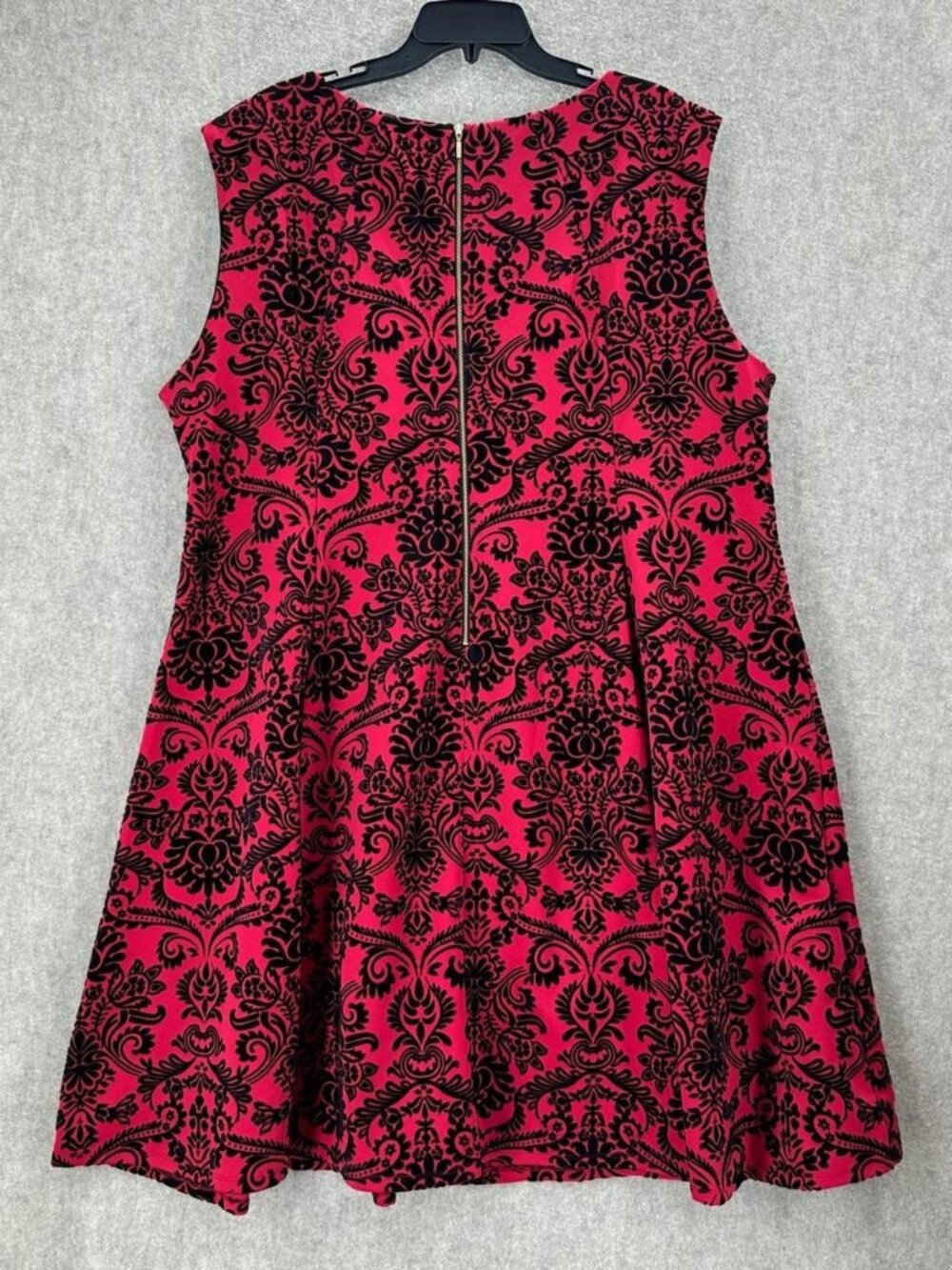 Roz & Ali Red Midi Dress w/Black Velvet Damask Flocking (Size 24) - Picture 6 of 8
